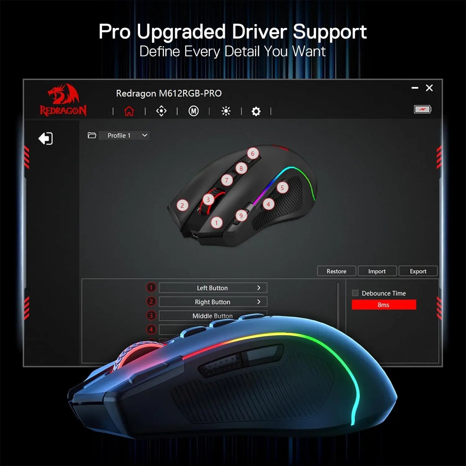 Redragon M612 PRO BT & 2.4RGB Gaming Mouse, 8000 DPI Wired/Wireless Optical Gamer Mice 11 Programmable Buttons & 6 Backlit Modes - Asmota