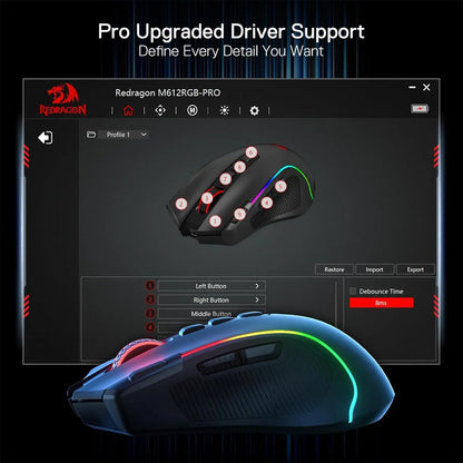 Redragon M612 PRO BT & 2.4RGB Gaming Mouse, 8000 DPI Wired/Wireless Optical Gamer Mice 11 Programmable Buttons & 6 Backlit Modes - Asmota