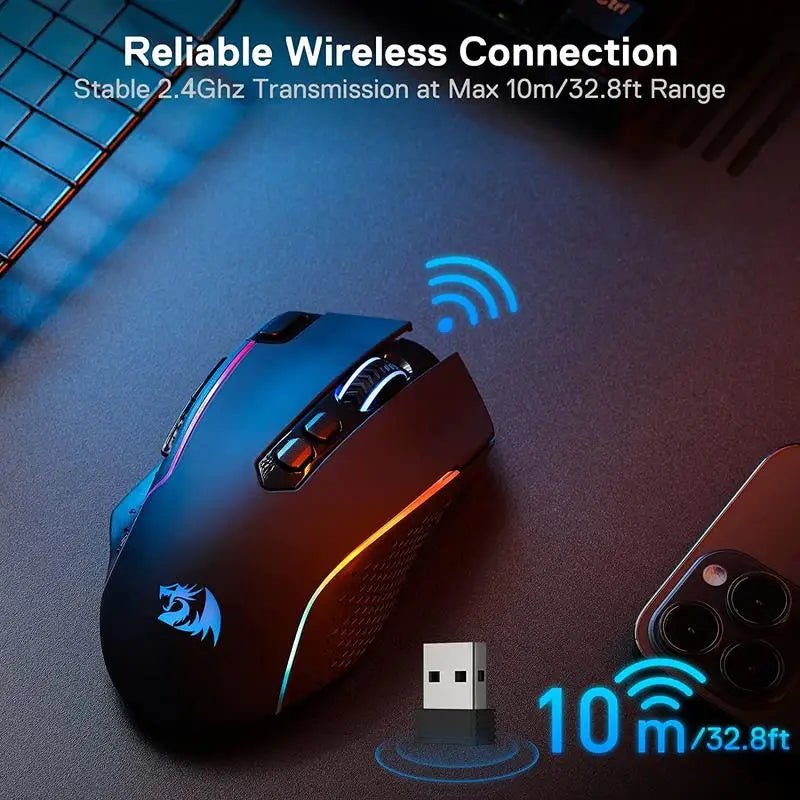 Redragon M810 Pro Wireless Gaming Mouse, 10000 DPI Wired Gamer Mouse w/ Rapid Fire Key, 8 Macro Buttons, Black/White Mouse - Asmota