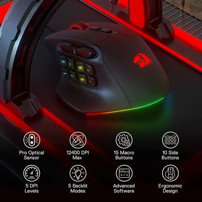 Redragon M811 Aatrox MMO Gaming Mouse, 15 Programmable Buttons Wired RGB Gamer Mouse w/ Ergonomic Natural Grip Build - Asmota