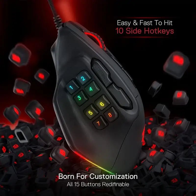 Redragon M811 Aatrox MMO Gaming Mouse, 15 Programmable Buttons Wired RGB Gamer Mouse w/ Ergonomic Natural Grip Build - Asmota