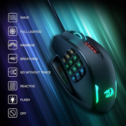 Redragon M908 RGB Backlight LED USB Wired Gaming Mouse 18 Programmable Mouse Buttons 12400 DPI - Asmota