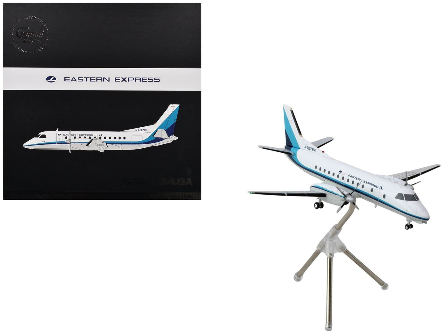 Saab 340A Commercial Aircraft "Eastern Express/Bar Harbor" (N407BH) White with Blue Stripes "Gemini 200" Series 1/200 Diecast Model Airplane by GeminiJets - Asmota