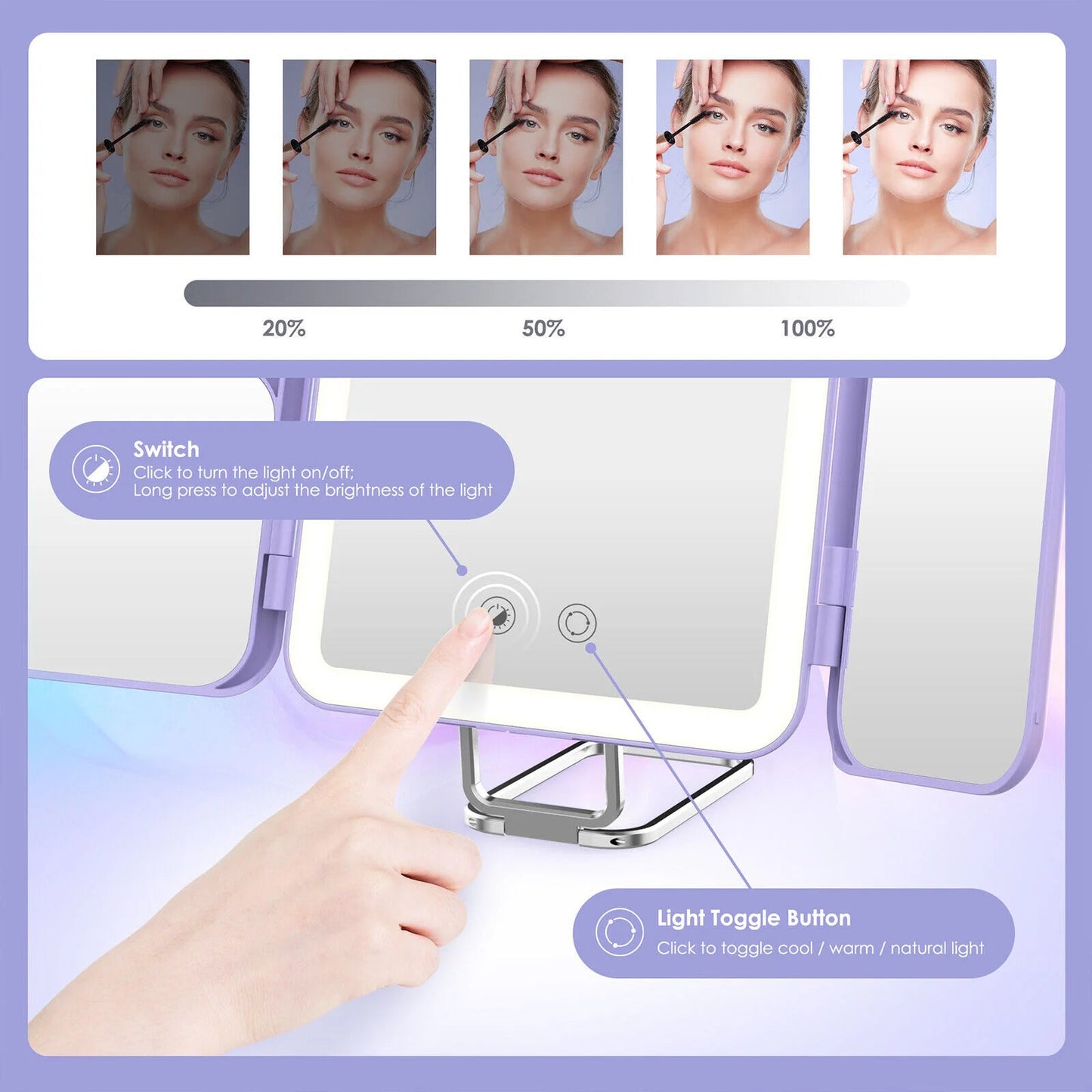 SEJOY Cosmetic Mirror LED Light Strip with 3X/7X Magnification Foldable Portable Touch Control Trifold Makeup Mirror - Asmota