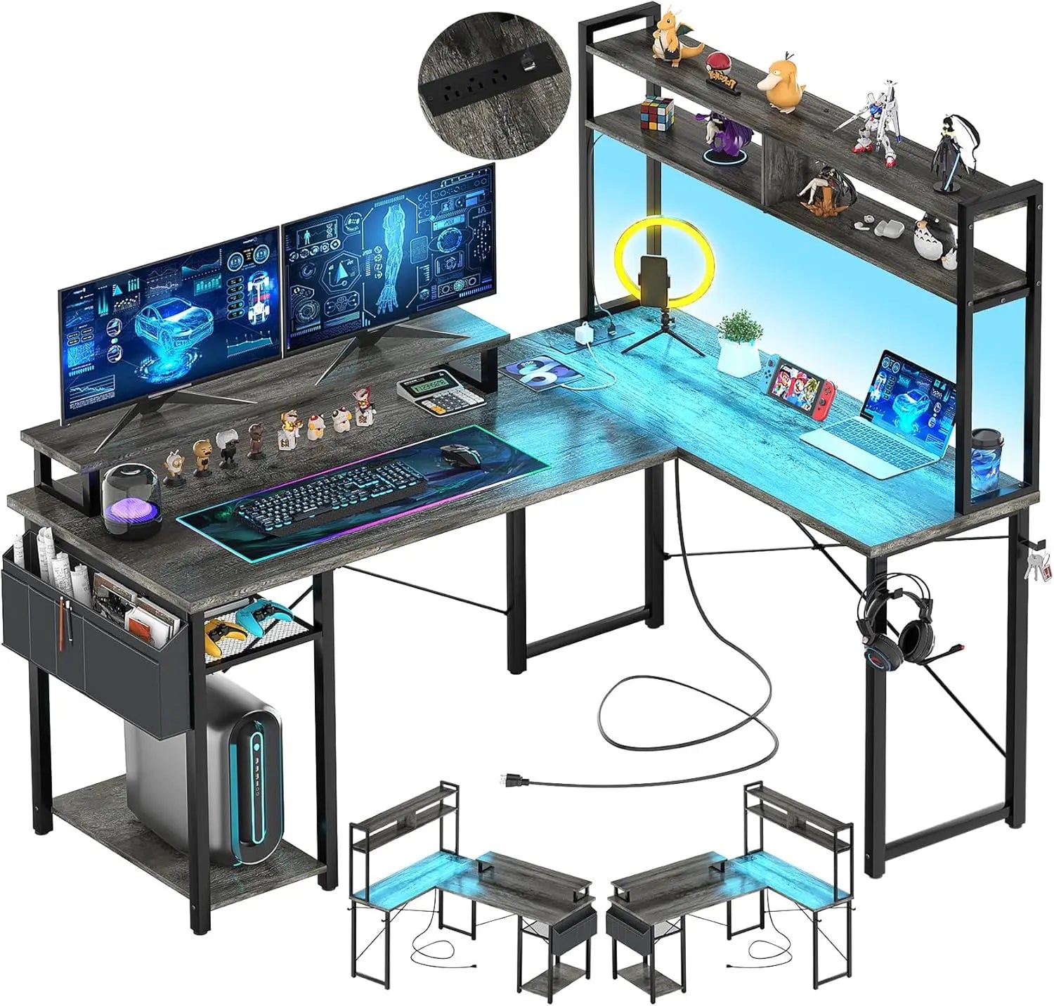 Small L Shaped Gaming Desk with LED Lights & Power Outlets, Reversible L - Shaped Computer Desk with Monitor Stand - Asmota