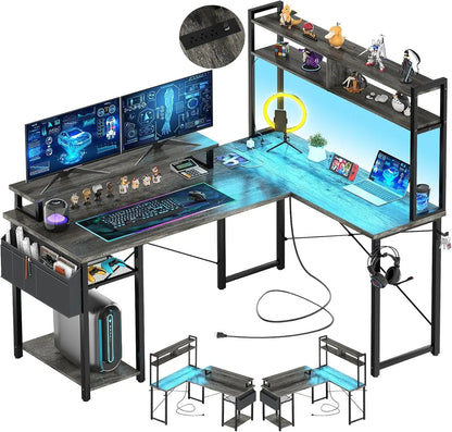 Small L Shaped Gaming Desk with LED Lights & Power Outlets, Reversible L - Shaped Computer Desk with Monitor Stand - Asmota