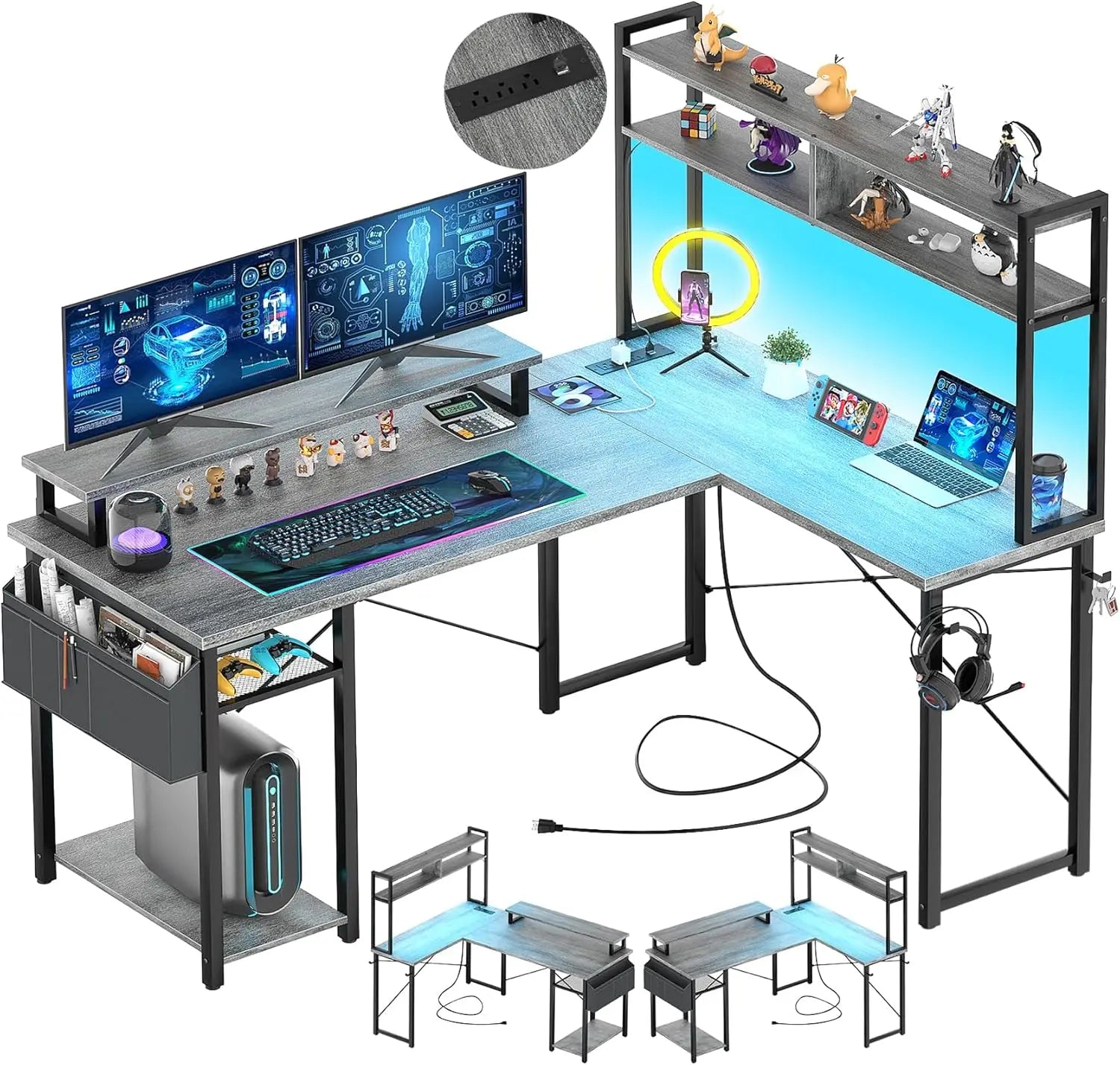 Small L Shaped Gaming Desk with LED Lights & Power Outlets, Reversible L - Shaped Computer Desk with Monitor Stand - Asmota