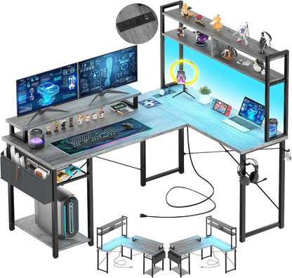 Small L Shaped Gaming Desk with LED Lights & Power Outlets, Reversible L - Shaped Computer Desk with Monitor Stand - Asmota