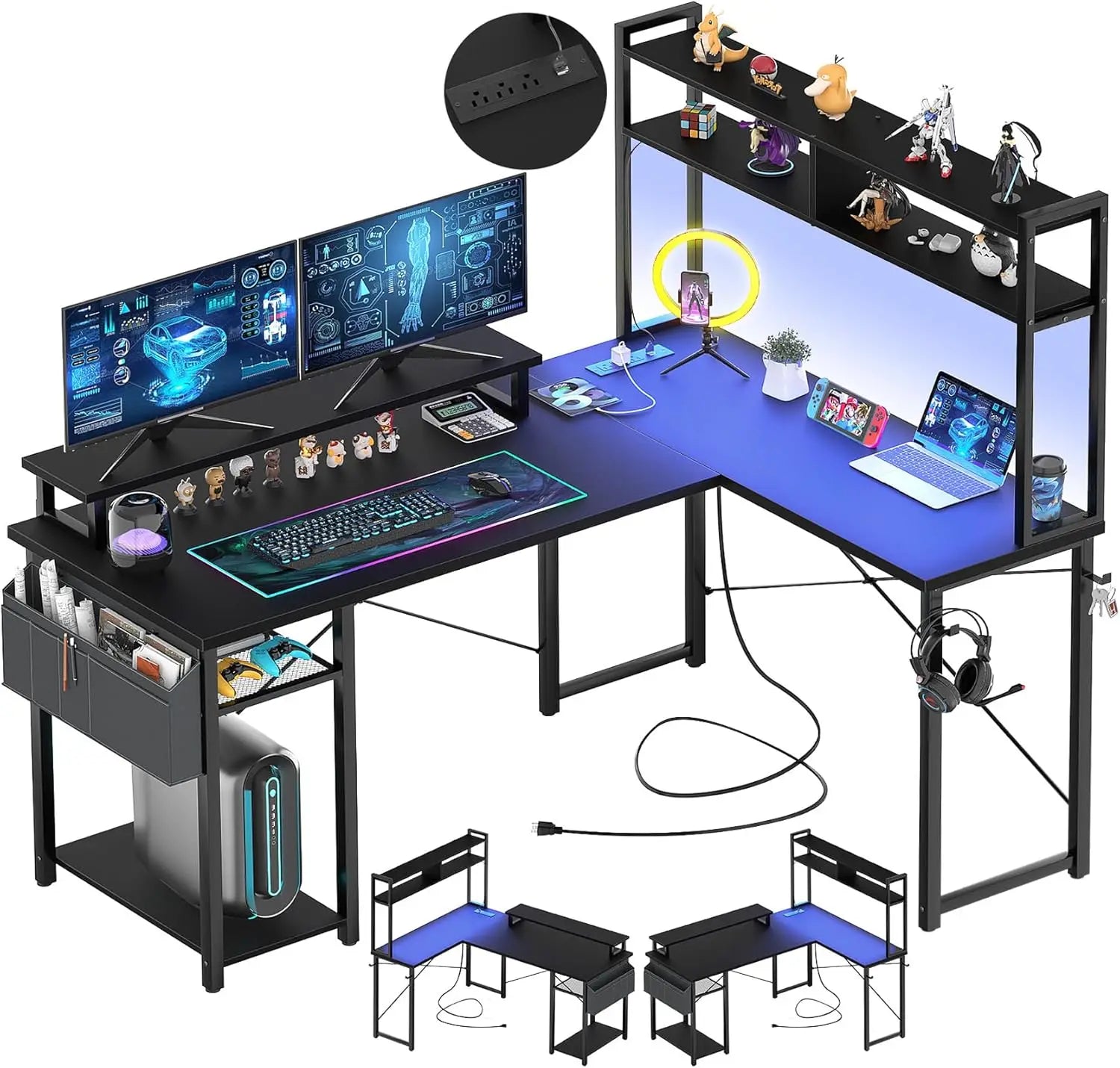 Small L Shaped Gaming Desk with LED Lights & Power Outlets, Reversible L - Shaped Computer Desk with Monitor Stand - Asmota