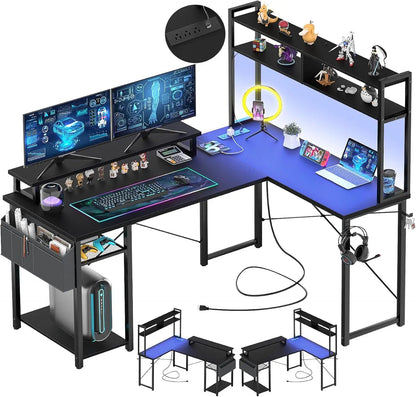 Small L Shaped Gaming Desk with LED Lights & Power Outlets, Reversible L - Shaped Computer Desk with Monitor Stand - Asmota