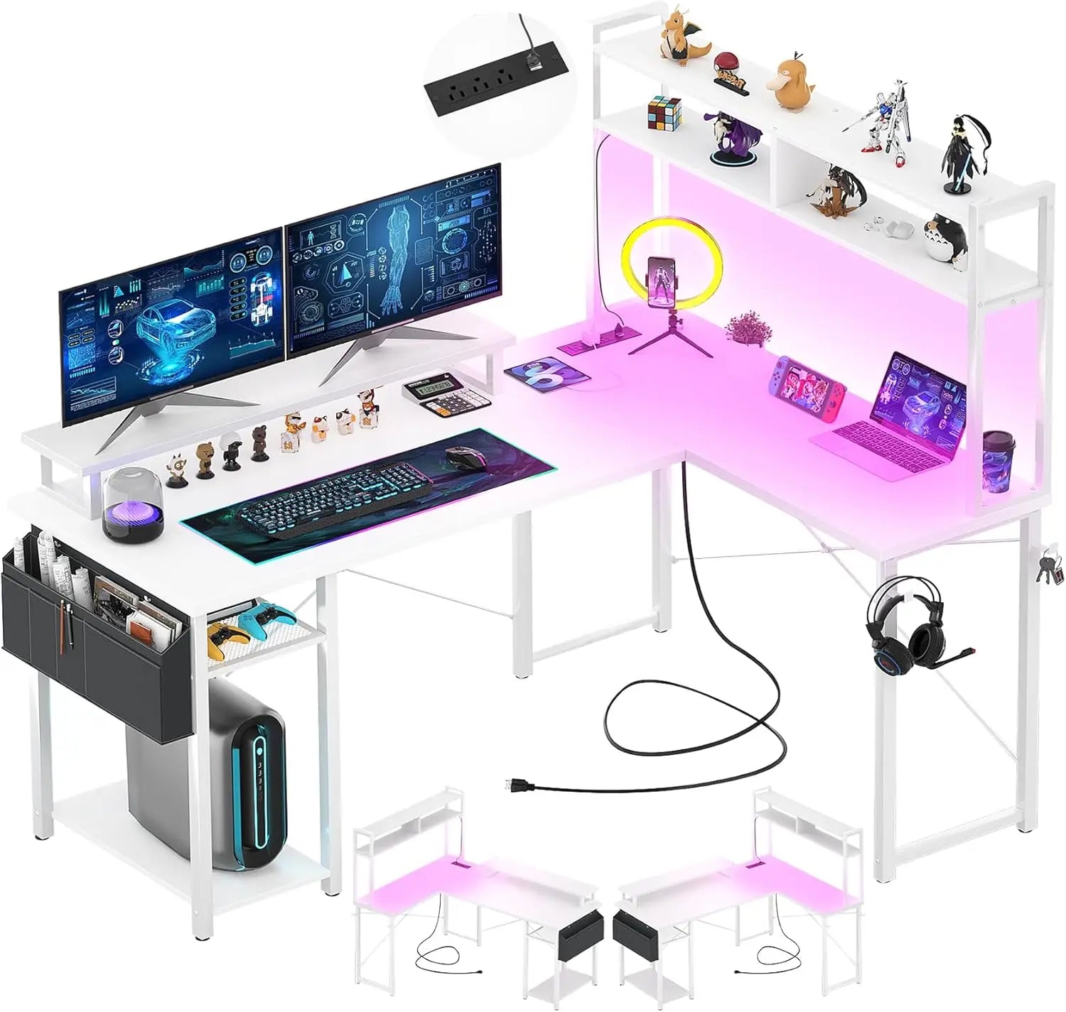 Small L Shaped Gaming Desk with LED Lights & Power Outlets, Reversible L - Shaped Computer Desk with Monitor Stand - Asmota