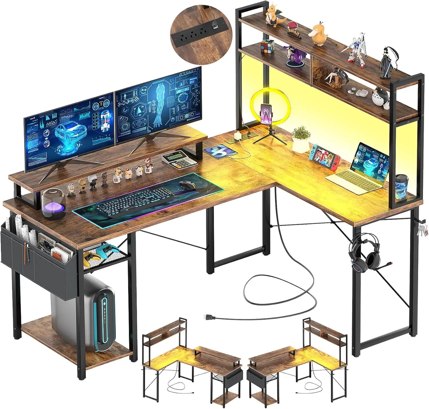 Small L Shaped Gaming Desk with LED Lights & Power Outlets, Reversible L - Shaped Computer Desk with Monitor Stand - Asmota