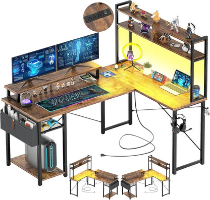 Small L Shaped Gaming Desk with LED Lights & Power Outlets, Reversible L - Shaped Computer Desk with Monitor Stand - Asmota