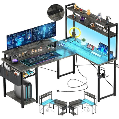 Small L Shaped Gaming Desk with LED Lights & Power Outlets, Reversible L-Shaped Computer Desk with Monitor Stand
