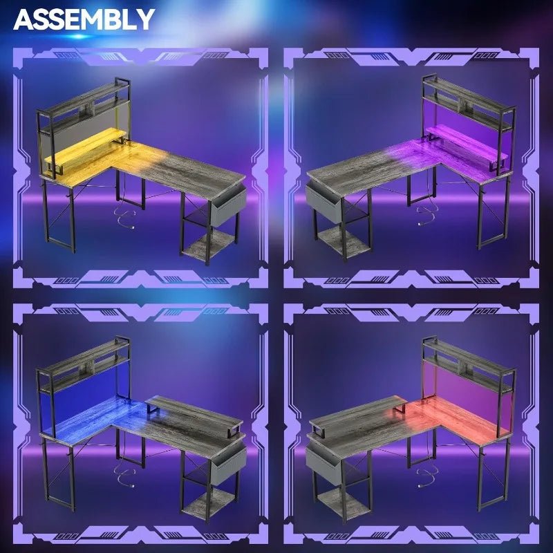 Small L Shaped Gaming Desk with LED Lights & Power Outlets, Reversible L - Shaped Computer Desk with Monitor Stand - Asmota