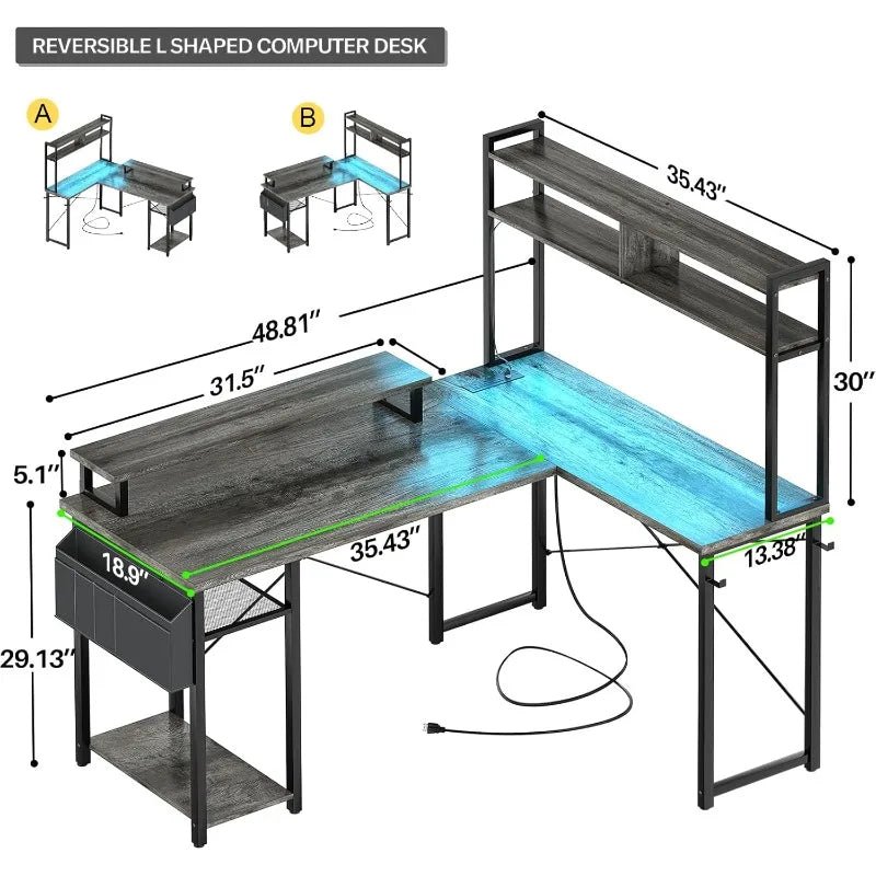 Small L Shaped Gaming Desk with LED Lights & Power Outlets, Reversible L - Shaped Computer Desk with Monitor Stand - Asmota