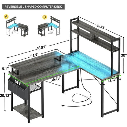 Small L Shaped Gaming Desk with LED Lights & Power Outlets, Reversible L - Shaped Computer Desk with Monitor Stand - Asmota