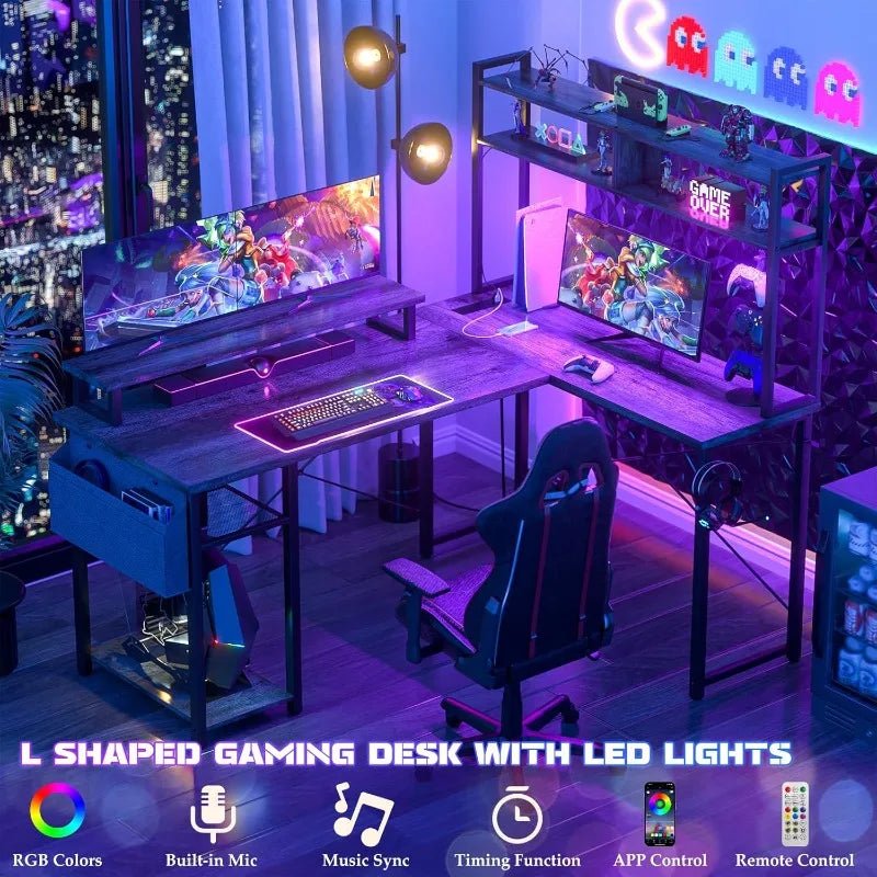 Small L Shaped Gaming Desk with LED Lights & Power Outlets, Reversible L - Shaped Computer Desk with Monitor Stand - Asmota