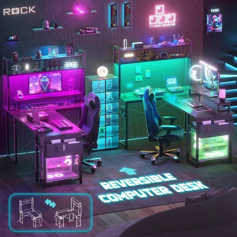 Small L Shaped Gaming Desk with LED Lights & Power Outlets, Reversible L - Shaped Computer Desk with Monitor Stand - Asmota
