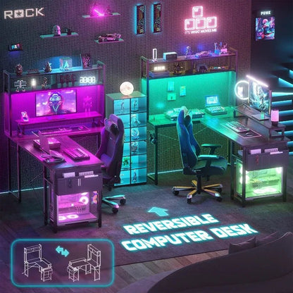 Small L Shaped Gaming Desk with LED Lights & Power Outlets, Reversible L - Shaped Computer Desk with Monitor Stand - Asmota