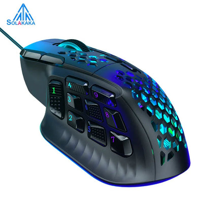 SOLAKAKA SM809 Wired Gaming Mouse 16 Side Buttons 22800 DPI Programmable Macro MMO Mouse Gamer PAW3311 Honeycomb Ergonomic RGB