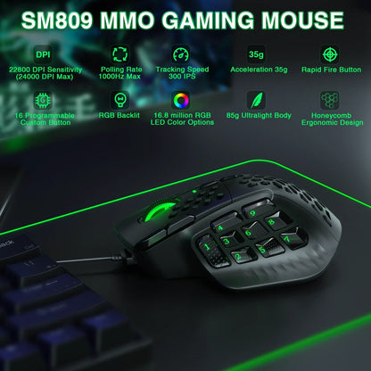 SOLAKAKA SM809 Wired Gaming Mouse 16 Side Buttons 22800 DPI Programmable Macro MMO Mouse Gamer PAW3311 Honeycomb Ergonomic RGB - Asmota