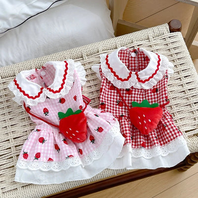 Strawberry Dress For Dogs Summer Spring Cute Plaid Female Girl Puppy Pet Cat Apparel Clothes Yorkie Chihuahua Small Medium Pugs