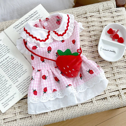 Strawberry Dress For Dogs Summer Spring Cute Plaid Female Girl Puppy Pet Cat Apparel Clothes Yorkie Chihuahua Small Medium Pugs - Asmota