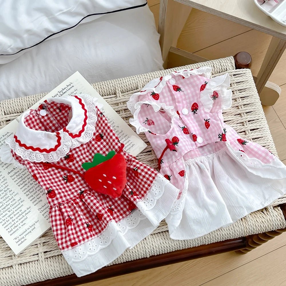 Strawberry Dress For Dogs Summer Spring Cute Plaid Female Girl Puppy Pet Cat Apparel Clothes Yorkie Chihuahua Small Medium Pugs - Asmota
