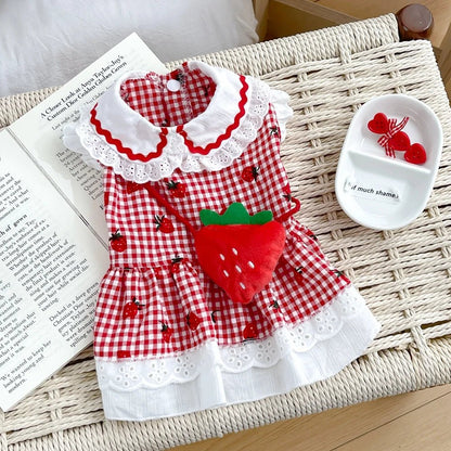Strawberry Dress For Dogs Summer Spring Cute Plaid Female Girl Puppy Pet Cat Apparel Clothes Yorkie Chihuahua Small Medium Pugs - Asmota