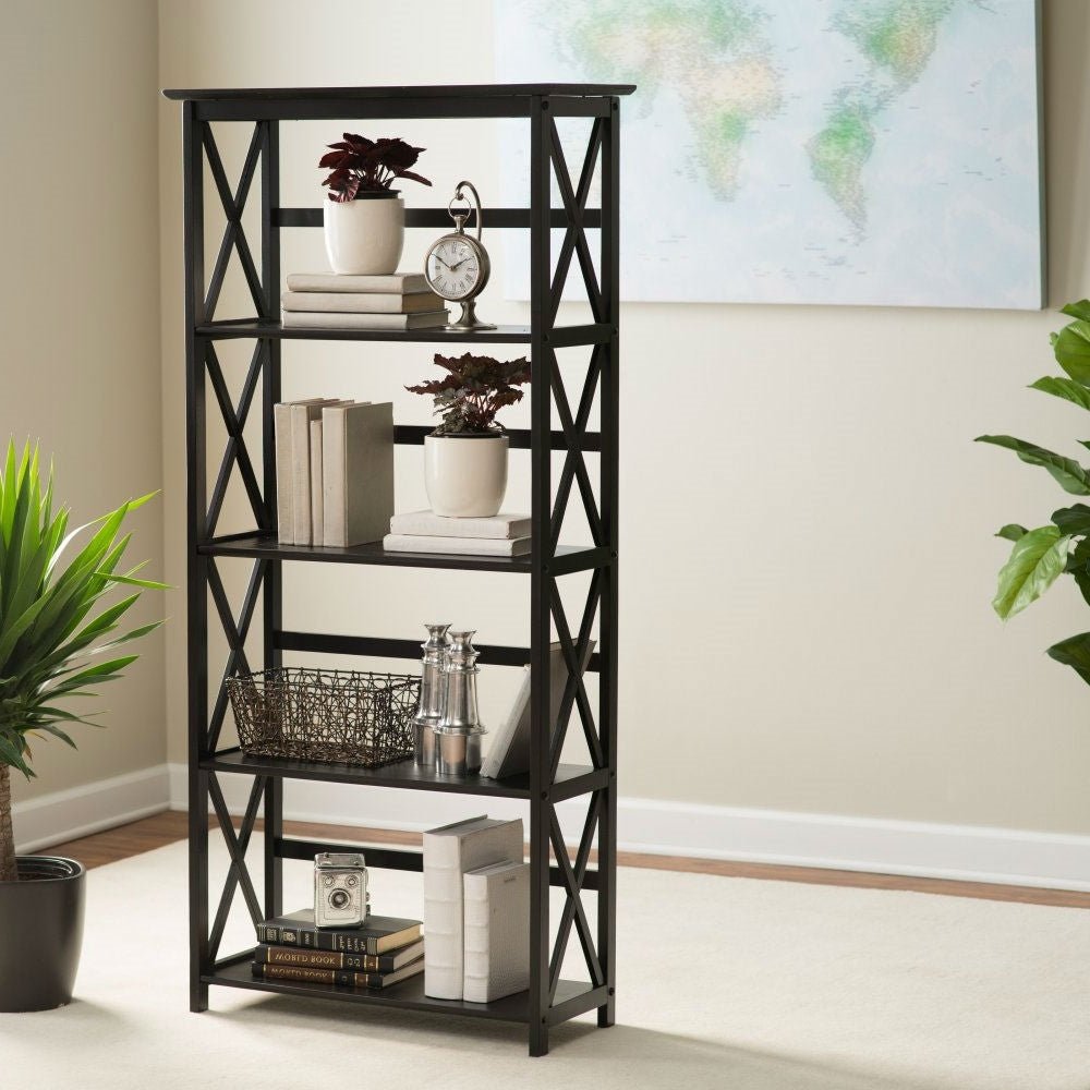 Tall 5 - Tier Bookcase in Black Wood Finish - Asmota