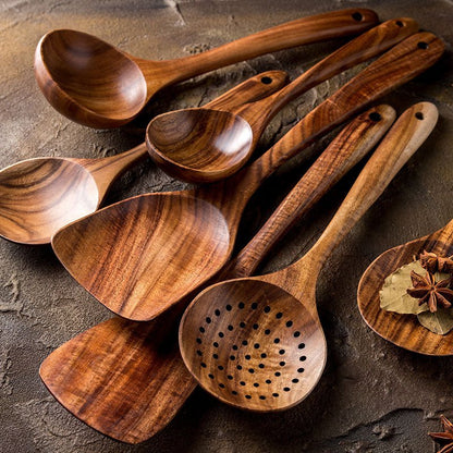 Thailand Teak Natural Wood Tableware Spoon Ladle Turner Long Rice Colander Soup Skimmer Cooking Spoons Scoop Kitchen Tool Set - Asmota