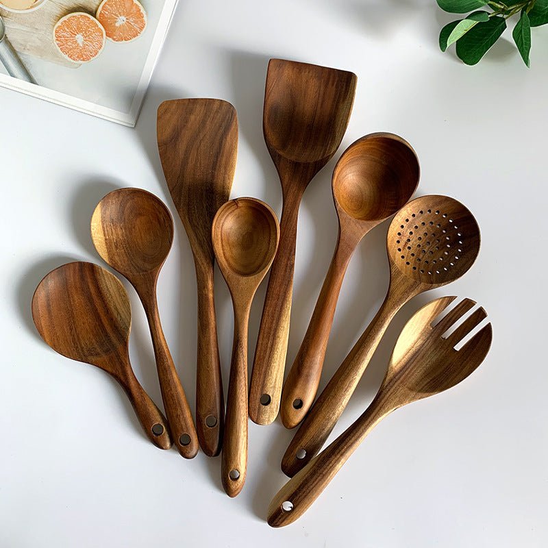 Thailand Teak Natural Wood Tableware Spoon Ladle Turner Long Rice Colander Soup Skimmer Cooking Spoons Scoop Kitchen Tool Set - Asmota