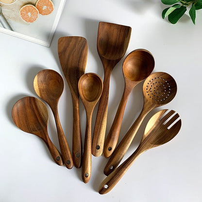 Thailand Teak Natural Wood Tableware Spoon Ladle Turner Long Rice Colander Soup Skimmer Cooking Spoons Scoop Kitchen Tool Set - Asmota