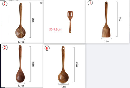 Thailand Teak Natural Wood Tableware Spoon Ladle Turner Long Rice Colander Soup Skimmer Cooking Spoons Scoop Kitchen Tool Set - Asmota
