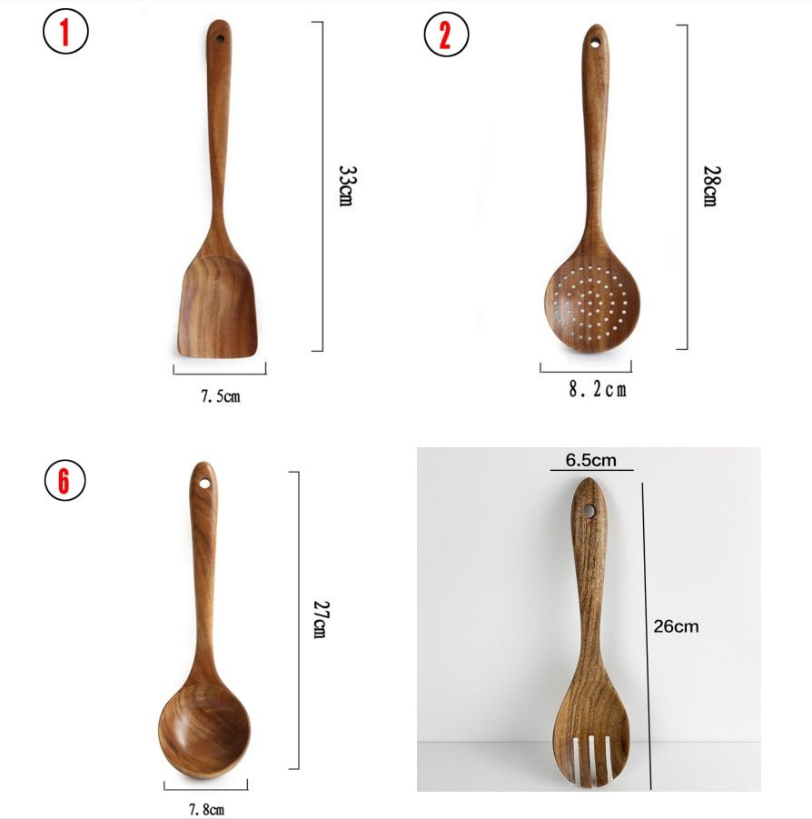 Thailand Teak Natural Wood Tableware Spoon Ladle Turner Long Rice Colander Soup Skimmer Cooking Spoons Scoop Kitchen Tool Set - Asmota