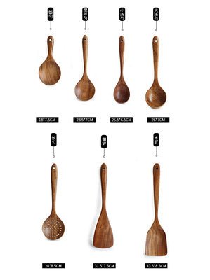 Thailand Teak Natural Wood Tableware Spoon Ladle Turner Long Rice Colander Soup Skimmer Cooking Spoons Scoop Kitchen Tool Set - Asmota