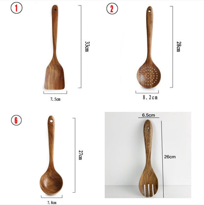 Thailand Teak Natural Wood Tableware Spoon Ladle Turner Long Rice Colander Soup Skimmer Cooking Spoons Scoop Kitchen Tool Set - Asmota