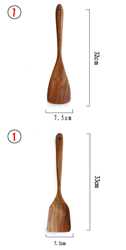 Thailand Teak Natural Wood Tableware Spoon Ladle Turner Long Rice Colander Soup Skimmer Cooking Spoons Scoop Kitchen Tool Set - Asmota