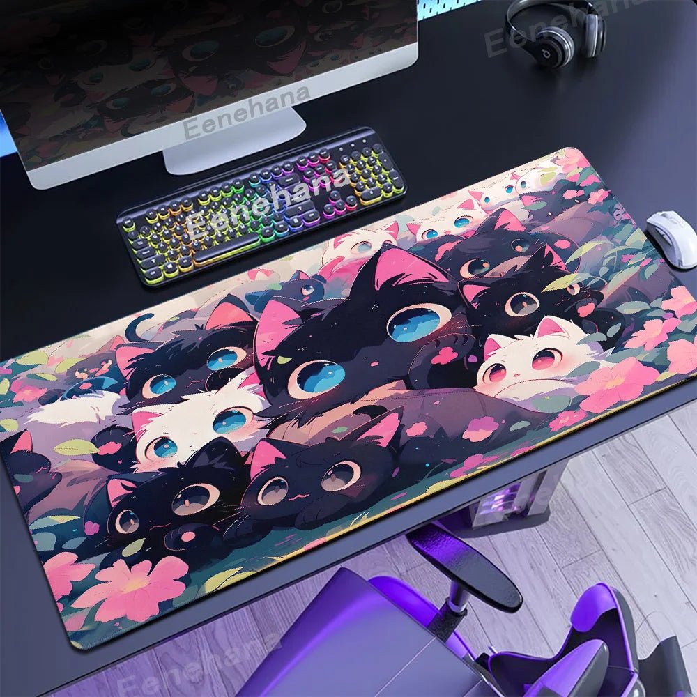 The Black Cat on the Clouds Keyboard Mouse pad Kawaii Art style patterns Pink Desk Mat PC Gamer Rug Office Carpet Home Table pad - Asmota