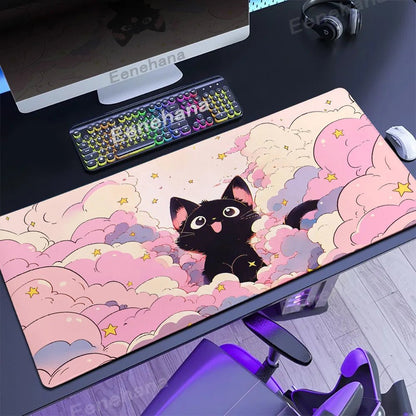 The Black Cat on the Clouds Keyboard Mouse pad Kawaii Art style patterns Pink Desk Mat PC Gamer Rug Office Carpet Home Table pad - Asmota