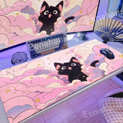 The Black Cat on the Clouds Keyboard Mouse pad Kawaii Art style patterns Pink Desk Mat PC Gamer Rug Office Carpet Home Table pad - Asmota