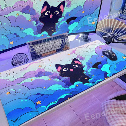 The Black Cat on the Clouds Keyboard Mouse pad Kawaii Art style patterns Pink Desk Mat PC Gamer Rug Office Carpet Home Table pad - Asmota