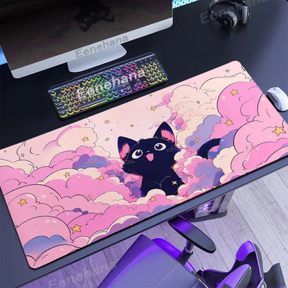 The Black Cat on the Clouds Keyboard Mouse pad Kawaii Art style patterns Pink Desk Mat PC Gamer Rug Office Carpet Home Table pad - Asmota