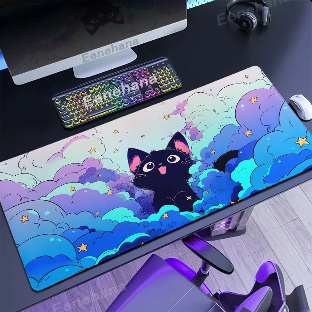 The Black Cat on the Clouds Keyboard Mouse pad Kawaii Art style patterns Pink Desk Mat PC Gamer Rug Office Carpet Home Table pad - Asmota