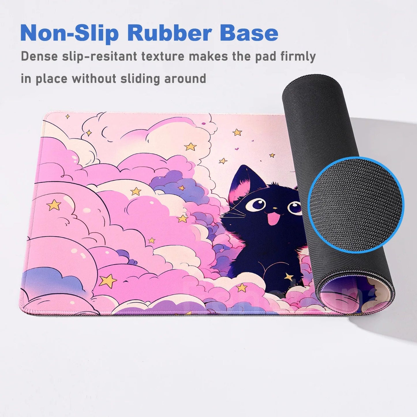 The Black Cat on the Clouds Keyboard Mouse pad Kawaii Art style patterns Pink Desk Mat PC Gamer Rug Office Carpet Home Table pad - Asmota