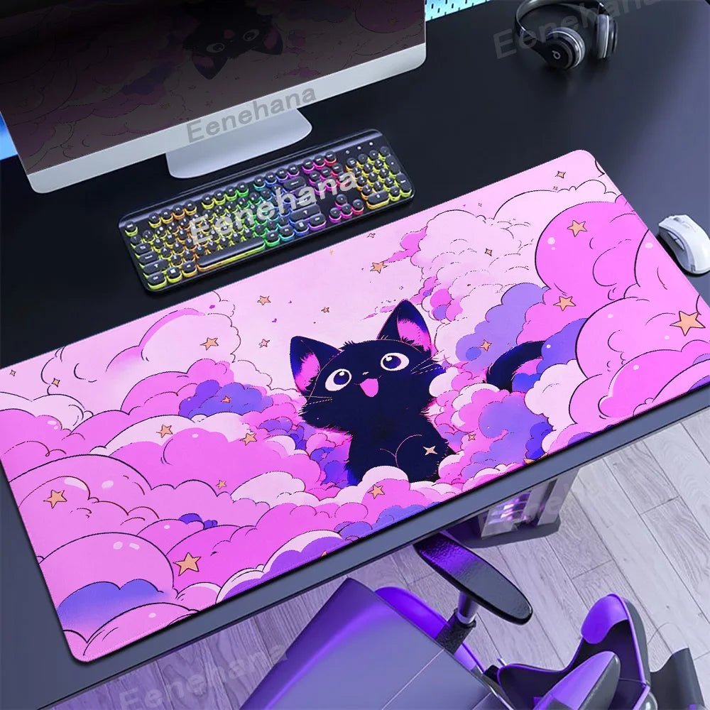 The Black Cat on the Clouds Keyboard Mouse pad Kawaii Art style patterns Pink Desk Mat PC Gamer Rug Office Carpet Home Table pad - Asmota