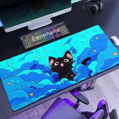 The Black Cat on the Clouds Keyboard Mouse pad Kawaii Art style patterns Pink Desk Mat PC Gamer Rug Office Carpet Home Table pad - Asmota