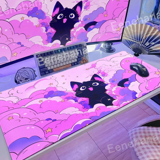 The Black Cat on the Clouds Keyboard Mouse pad Kawaii Art style patterns Pink Desk Mat PC Gamer Rug Office Carpet Home Table pad - Asmota