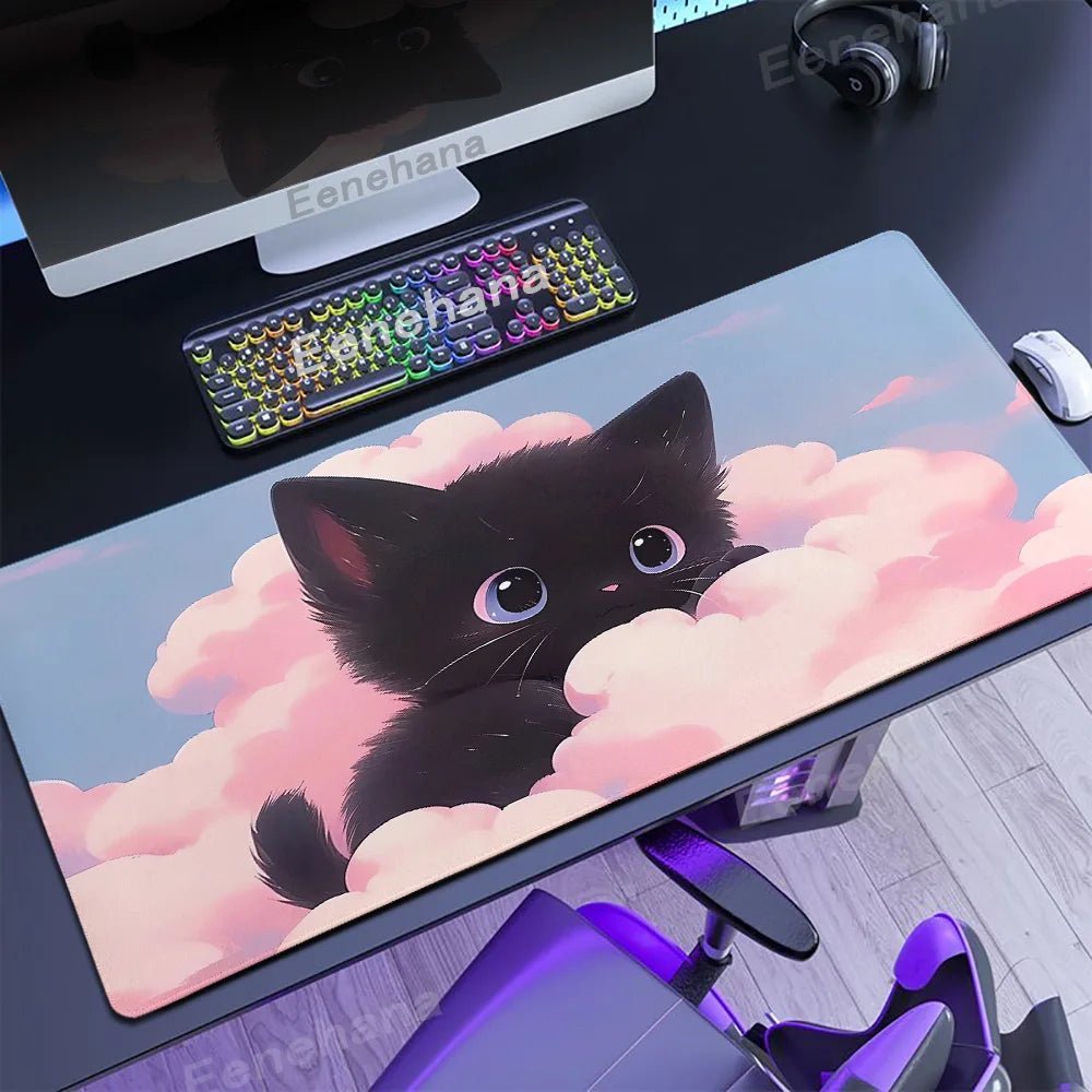 The Black Cat on the Clouds Keyboard Mouse pad Kawaii Art style patterns Pink Desk Mat PC Gamer Rug Office Carpet Home Table pad - Asmota